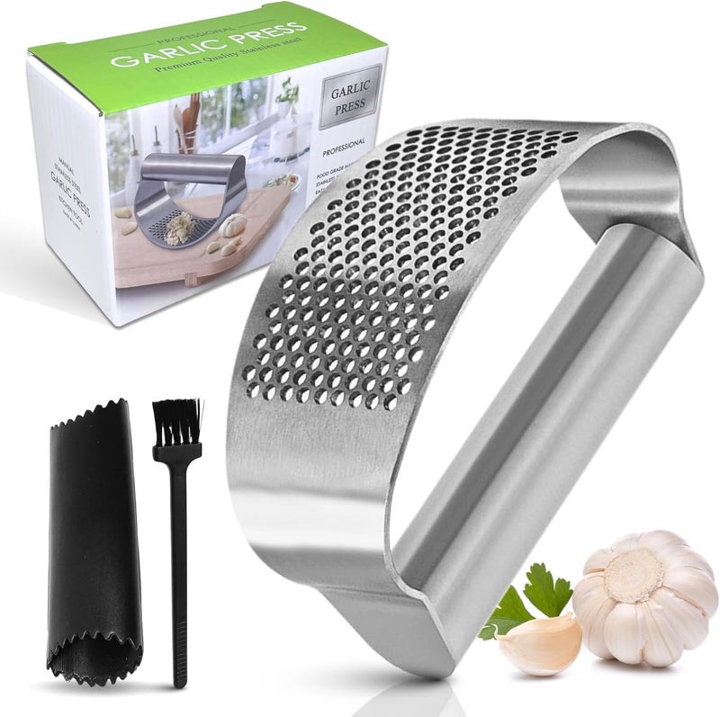 BOKKY Garlic Press Rocker 304 Stainless Steel Garlic Mincer & Crusher with Silicone Peeler and Cleaning Brush, Ergonomic Dishwasher Safe Garlic Chopper Kitchen Gadget for Seniors & Home Cooks - Image 1